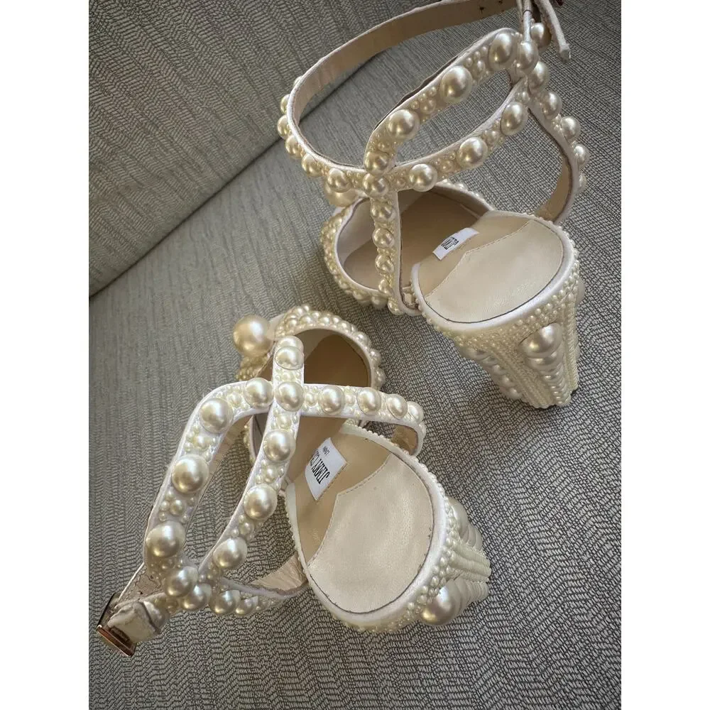 Jimmy Choo Pearl-Embellished Ivory Block Heel Sandals